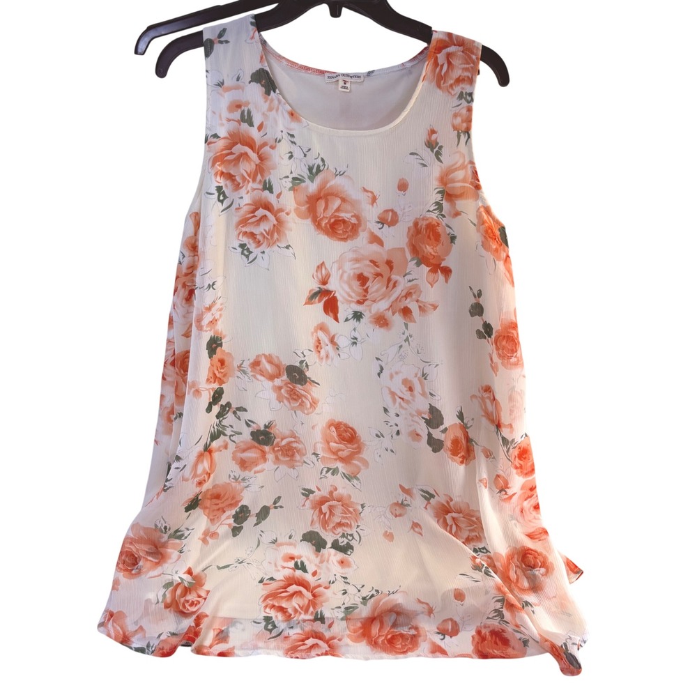 Zenana Outfitters Orange Floral Chiffon Sleeveless High-Low Blouse M QS-2464